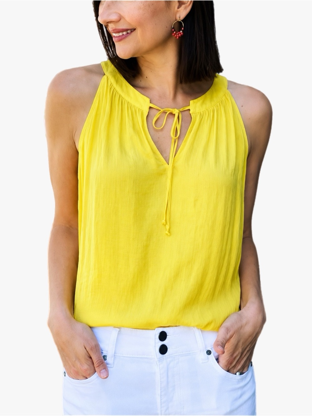 Cabi #5725 Sunshine Cami Yellow Swiss Dot Sleeveless Tie Neck Top Size Small